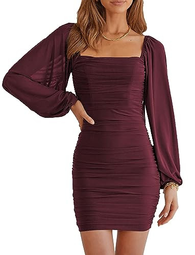 MASCOMODA Women Elegant Square Neck Lantern Long Sleeve Mini Ruched Bodycon Dress Stretch Mesh Slim Party Cocktail Dresses(X-Small,Wine Red) | Amazon (US)