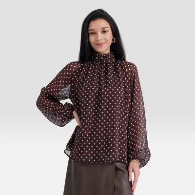 Women's Balloon Long Sleeve High Neck Crinkle Chiffon Blouse - A New Day™ Brown Polka Dots L | Target