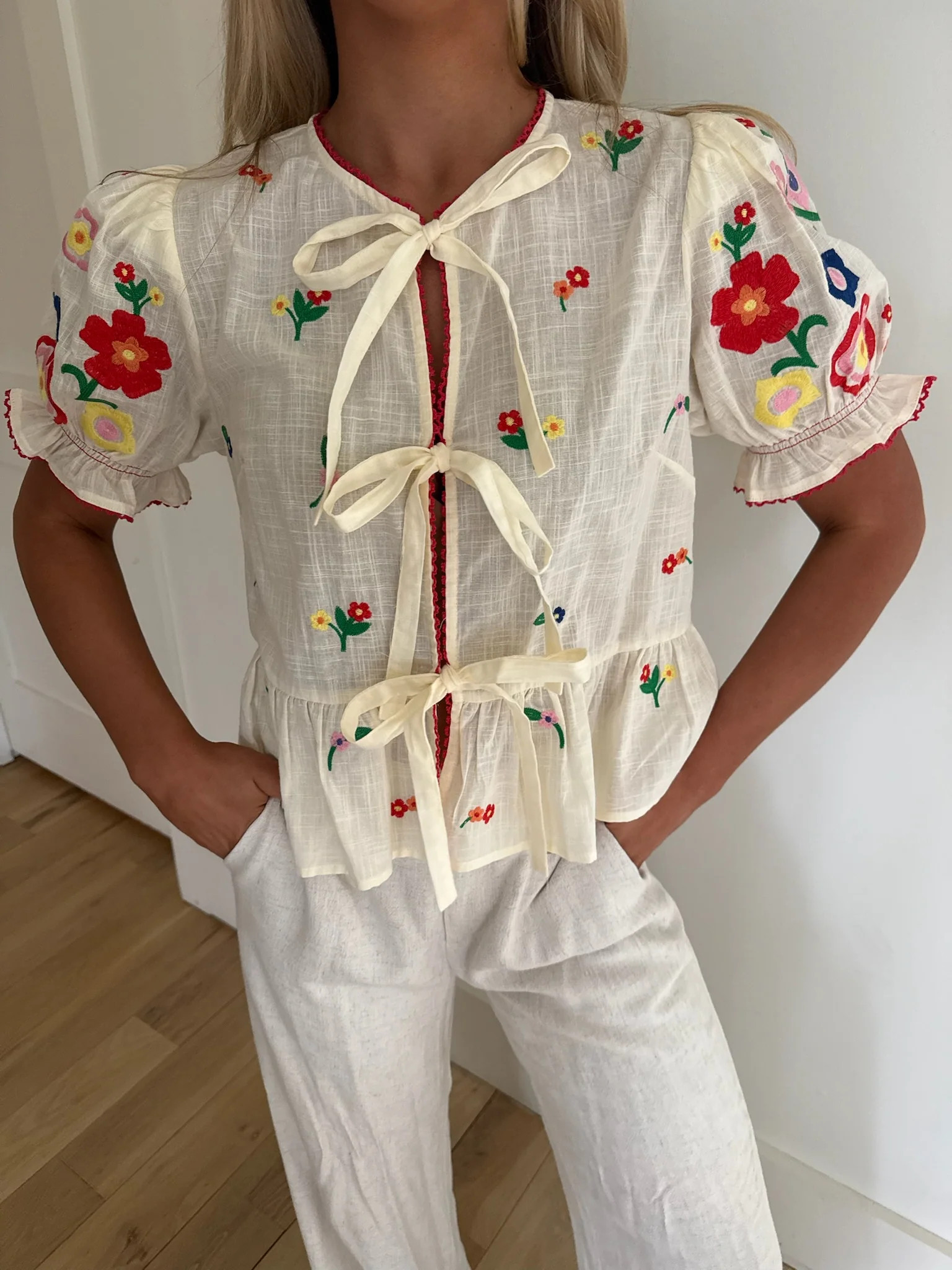 Embroidered Colorful Front Tie Top-Cream | These Three