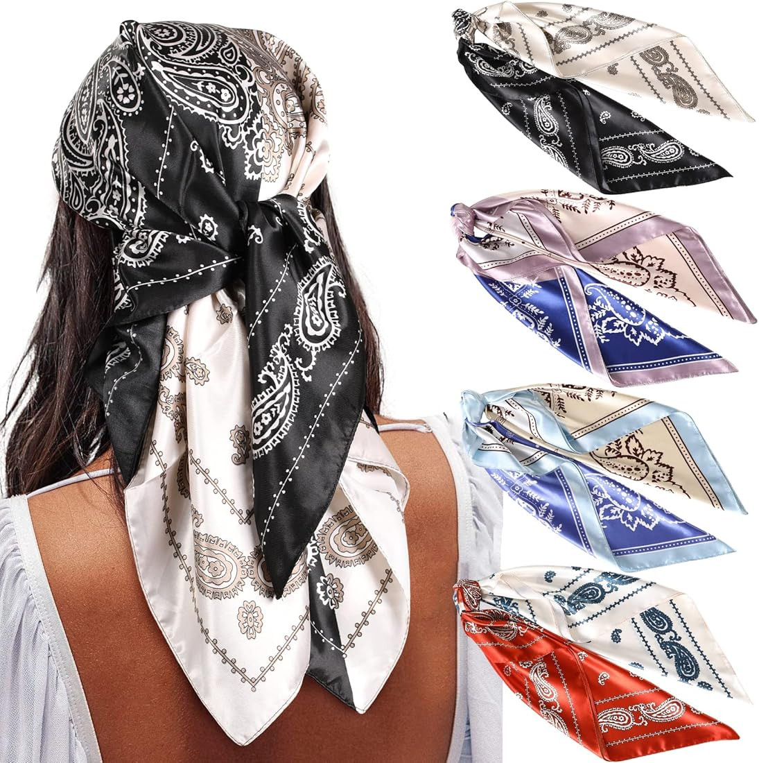 AWAYTR 35” Satin Large Square Head Scarves - 4PCS Silk Like Neck Scarf Hair Sleeping Wraps Sati... | Amazon (US)