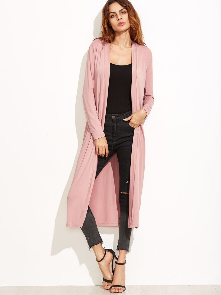 Pink Collarless Longline Duster Coat | SHEIN