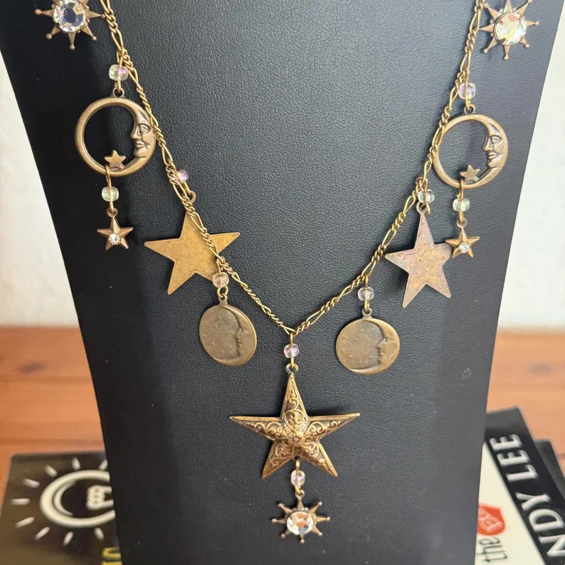 Vintage Art Deco Style Glassworks Studio Celestial Moon and Stars Charm Necklace - Etsy | Etsy (Global)