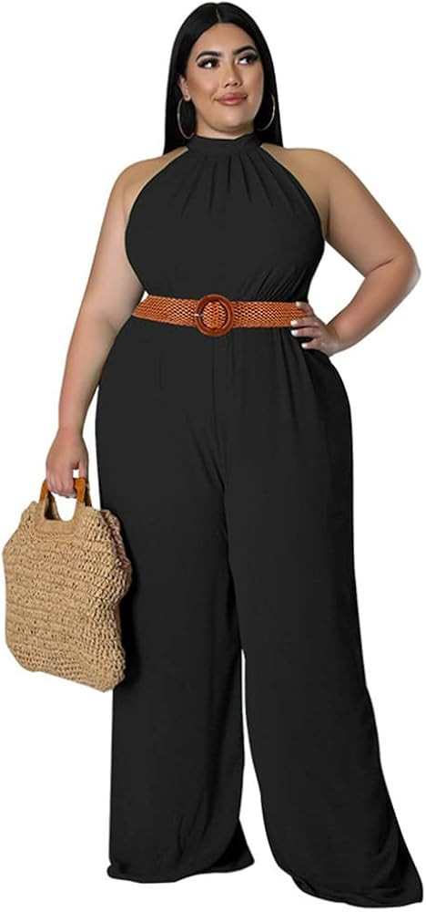 ANICECUT Plus Size Jumpsuits for Women Sexy Summer Elegant Solid Halter Neck Wide Leg Pants Long ... | Amazon (US)