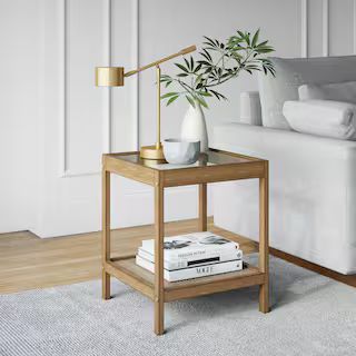 Nathan James Hayes Light Brown Solid Wood Glass Top with Open Storage Shelf Nightstand, Bedside, ... | The Home Depot