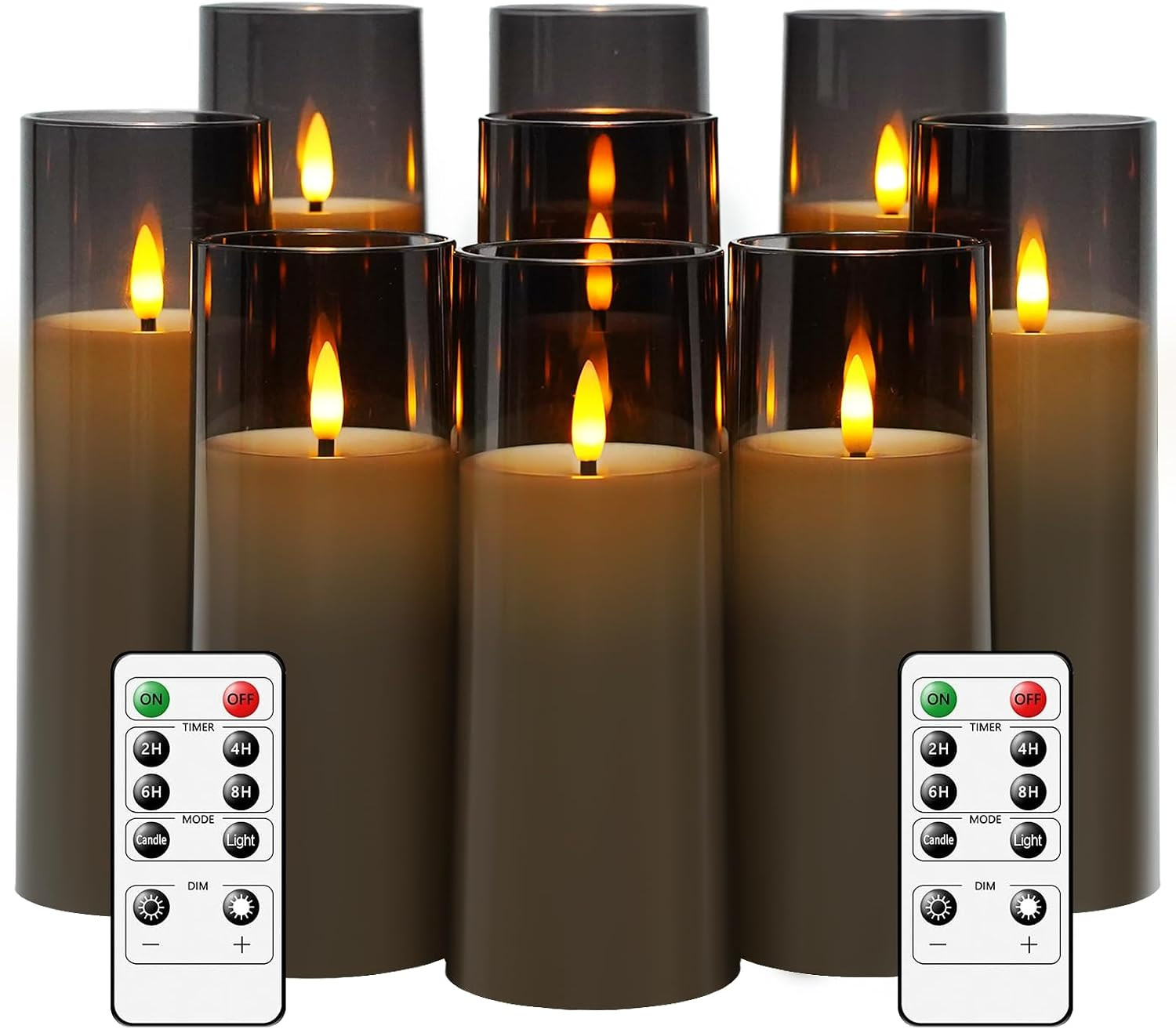 Flickering Flameless Candles Battery Operated with Remote and 2/4/6/8 H Timer Plexiglass Led Pillar Candles Pack of 9 (D2.3 xH5.5 6.5" 7.5") with Realistic 3D Wick Candles for Home Decor(Grey) | Amazon (US)