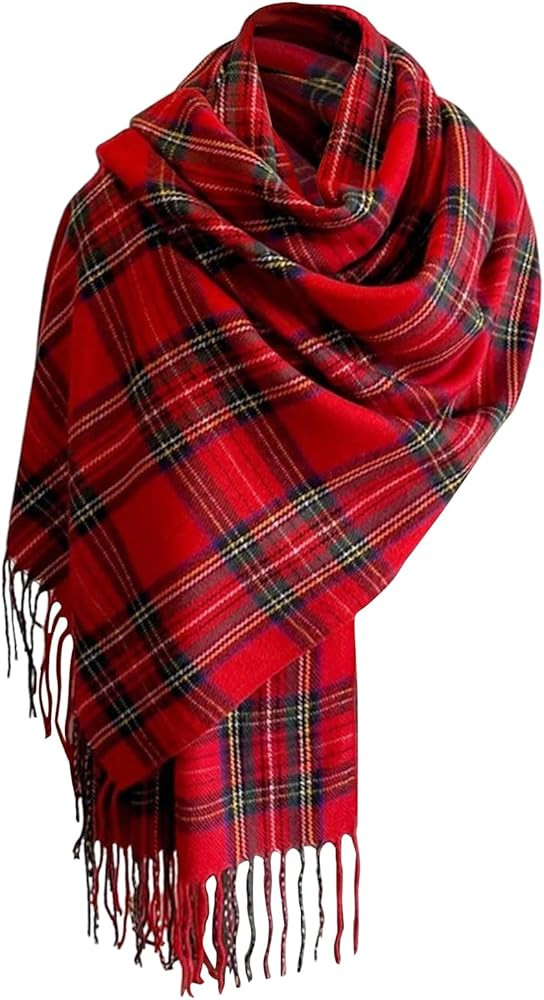 Floerns Women's Tartan Plaid Neck Scarf Fringe Winter Shawl Wraps Cozy Oversized Knitted Scarves | Amazon (US)
