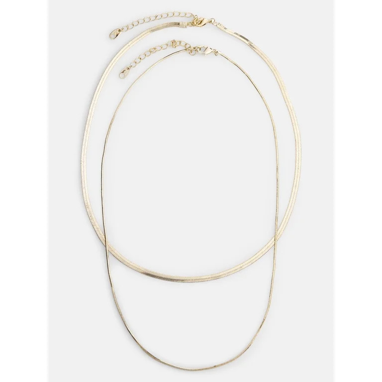 Free Assembly Women's Demi Fine 14K Gold Plated Herringbone Layered Necklace Set, 15" + 2" Extend... | Walmart (US)