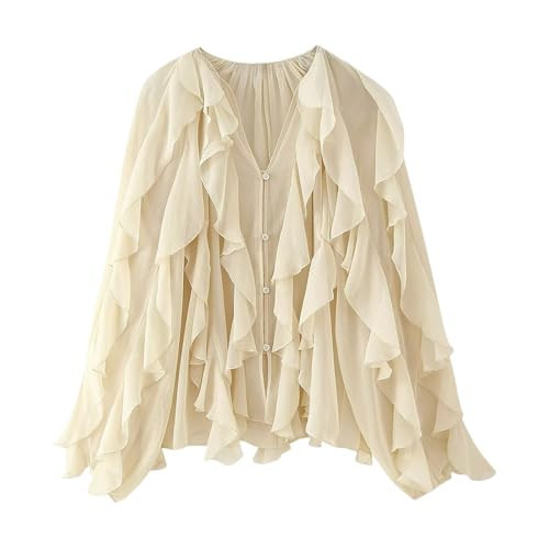 AKODOZO Womens Ruffle Chiffon Blouse Trendy Semi Sheer V Neck Top Long Sleeve Button Down Oversized Shirts Beige | Amazon (US)