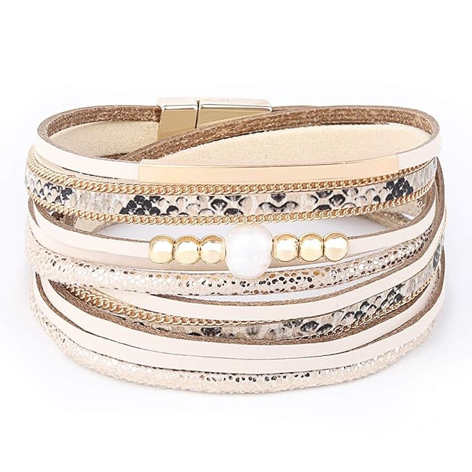 Womens Leather Cuff Bracelet - Braided Wrap Bangle Handmade Multi Layer Jewelry with Alloy Magnet... | Amazon (US)