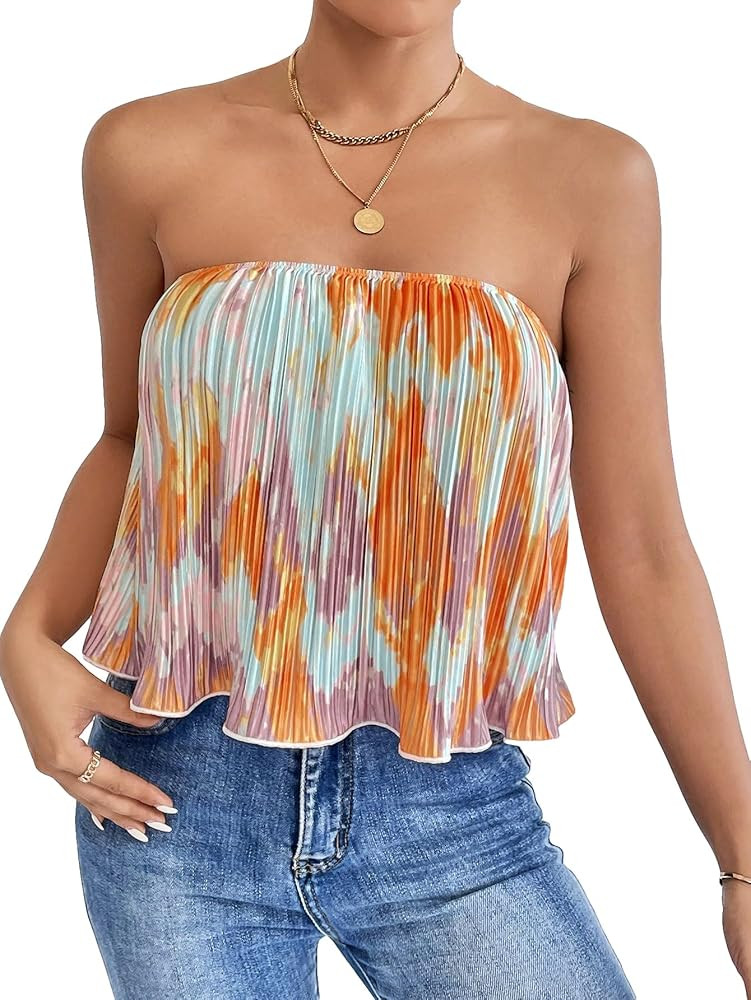 OYOANGLE Womens Boho All Over Print Orange Blue Pink Strapless Top Tube Top Sexy Tops Going Out Tops | Amazon (US)