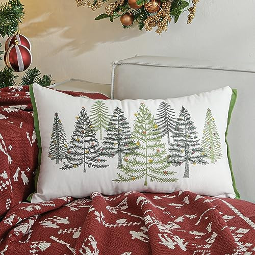 Lewondr Christmas Throw Pillow Cover, 1 PCS 12 x 20 Inch Cute Christmas Tree Embroidery Throw Pillow Case Luxury Soft Canvas Lumbar Pillow Cover Decorative Pillow Covers For Bed Home Decor Living Room | Amazon (US)