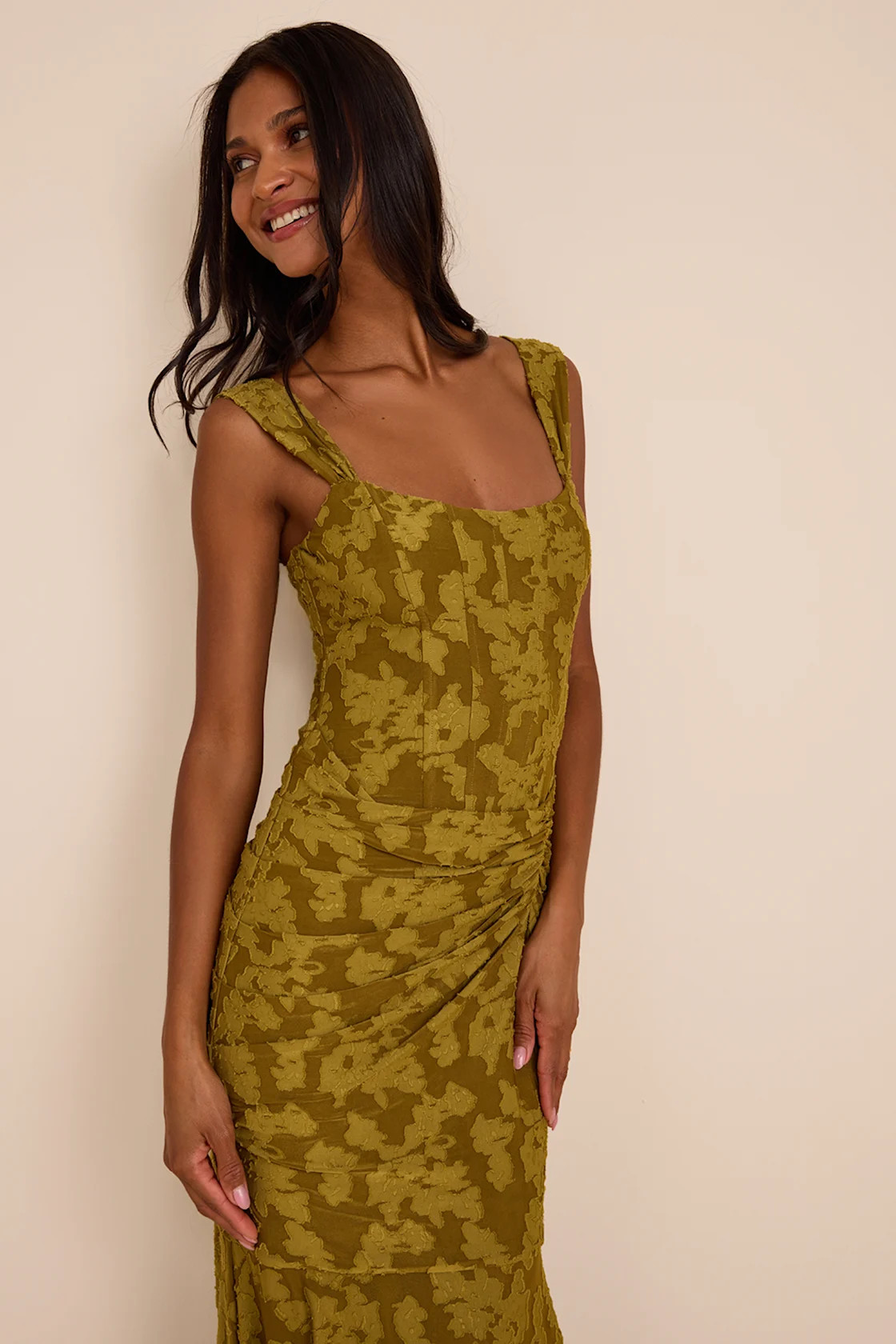 Celeste Olive Green Floral Burnout Bustier Maxi Dress | Lulus