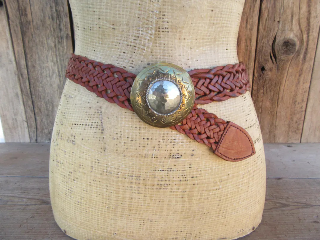 90s Brown Moroccan Braided Leather Belt, Concho Buckle - Medium / Large | Etsy (US)