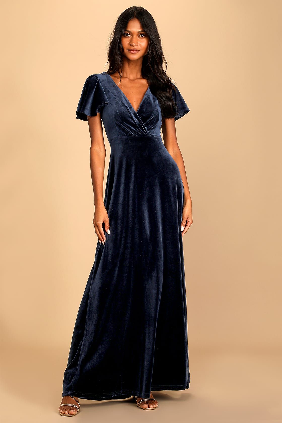 Absolutely Amazed Navy Blue Velvet Flutter Sleeve Maxi Dress | Lulus (US)