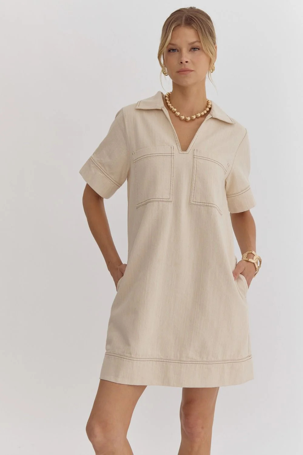 DENIM COLLARED MINI DRESS - SAND L | Simply Carolina