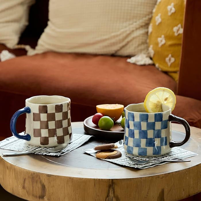 Retro Checkered Ceramic Coffee Mug 16Oz - Extra Large Handle, Microwave Safe Vintage Patterned Te... | Amazon (US)