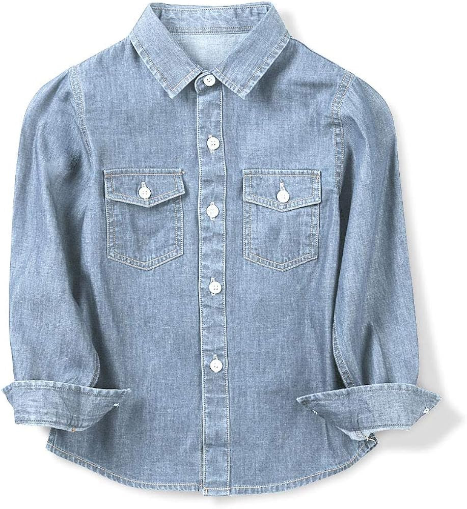 OCHENTA Boys Denim Button Down Shirt Long Sleeve Lightweight Chambray Tops | Amazon (US)