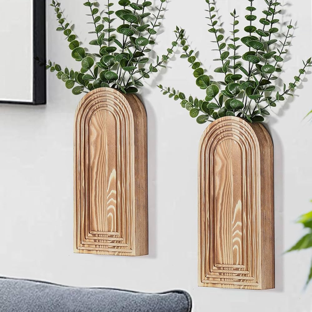 2 Pack Wooden Wall Vase Set - Brown Finish Modern Farmhouse & Boho Wall Decor for Entryway, Hallw... | Amazon (US)