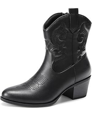 DREAM PAIRS Women's Western Cowboy Cowgirl Embroidered Ankle Boots Fashion Low chunky Heel Round ... | Amazon (US)