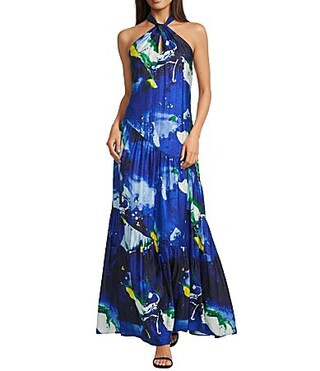 Lauren Ralph Lauren Linen Blend Shantung Halter Neck Sleeveless Printed Shift Gown - 4 | Dillard's