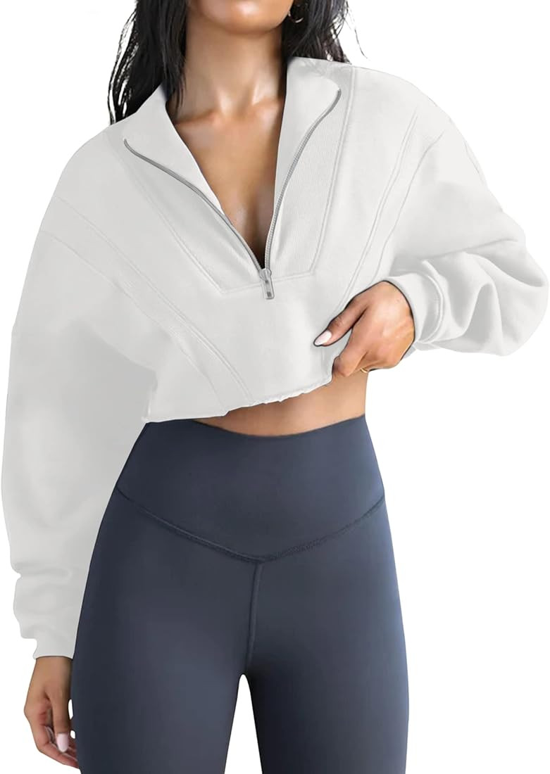 Lauweion Women's Half Zip Oversized Crop Sweatshirt Long Sleeve Lapel Raw Hem Casual Quarter 1/4 Zip | Amazon (US)
