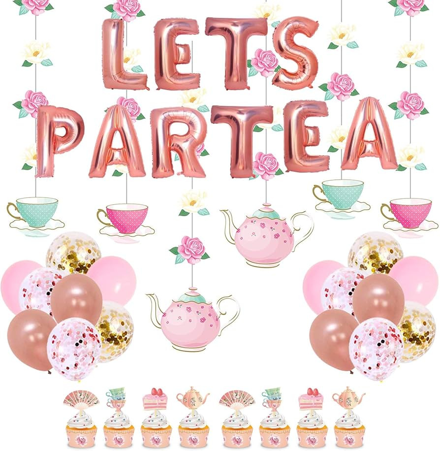 Tea Party Decorations with LET'S PAR TEA Aluminum Foil Balloons Floral Tea Party Hanging Decorati... | Amazon (US)
