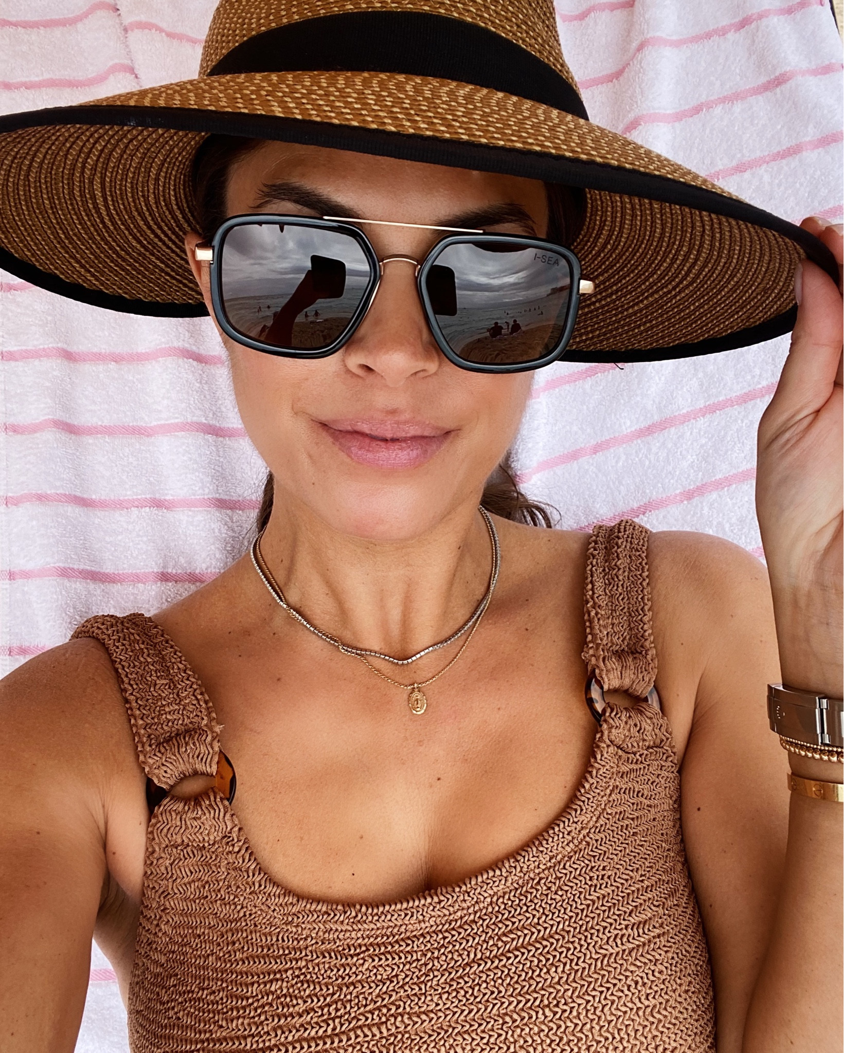 One piece swimsuit is one size fits all, hat great for laying in a beach chair (flat on the back!). 

#LTKswim #LTKunder100 #LTKstyletip