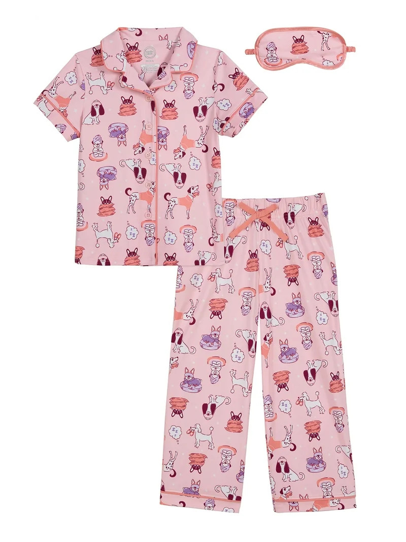 Wonder Nation Girls Button Front Short Sleeve Top & Pant Pajama Set with an Eyemask, 3-Piece, Siz... | Walmart (US)