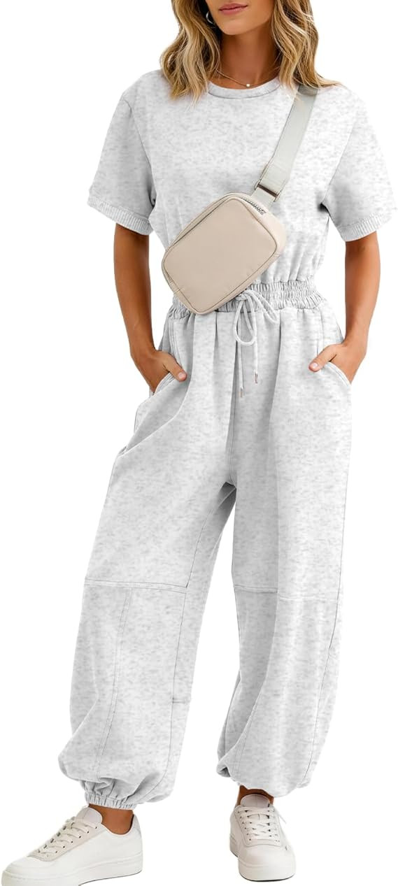 Flygo One Piece Jumpsuits for Women Crewneck Short Sleeve Casual Wide Leg Long Pants Drawstring R... | Amazon (US)