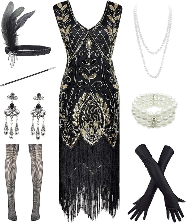 Women 1920S V Neck Sequined Beaded Gatsby Flapper Dress with 20s Accessories Set | Amazon (US)