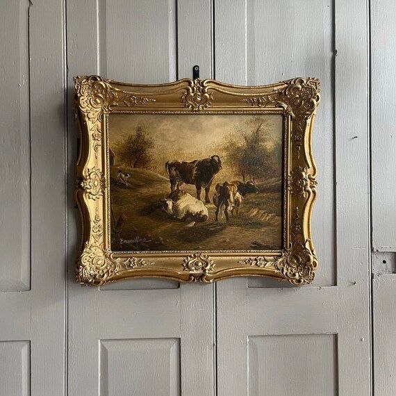 Antique French Landscape Oil Painting of Bull and Cows Signed - Etsy | Etsy (US)