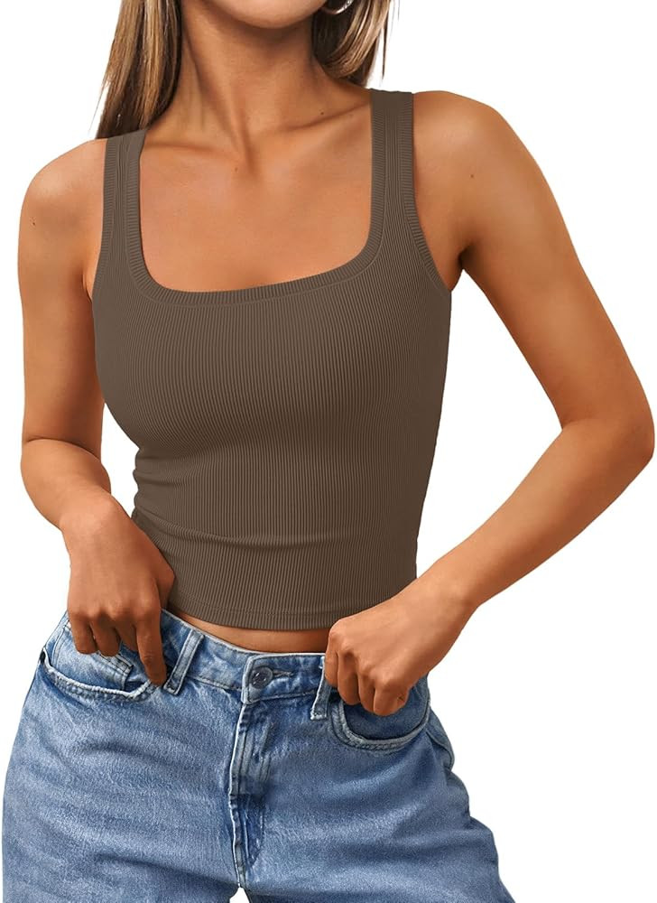 Trendy Queen Women's Summer Square Neck Tank Tops Workout Cropped Ribbed Summer Camisole Sleevele... | Amazon (US)