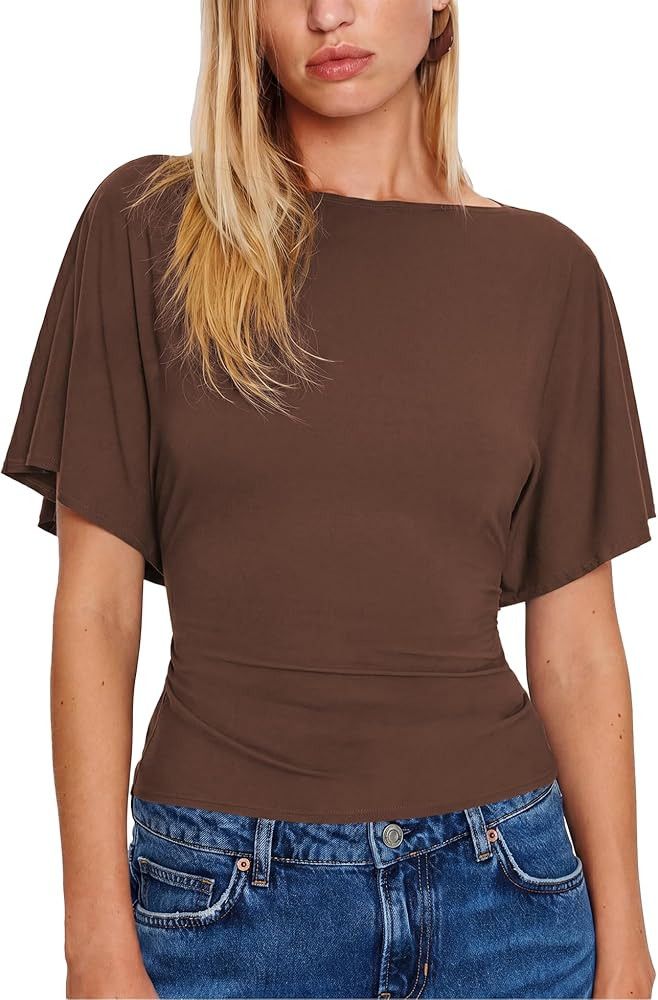SeeLuNa Women Cinched Waist Shirts Stretchy Dolman Sleeve Boat Neck Knit Top Trendy Streetwear Ou... | Amazon (US)