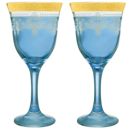 Glass Of Venice Set of Two Italian Murano Glass Wine Glasses with Engraved Floral pattern and 24K Gold Leaf - Blue | Amazon (US)