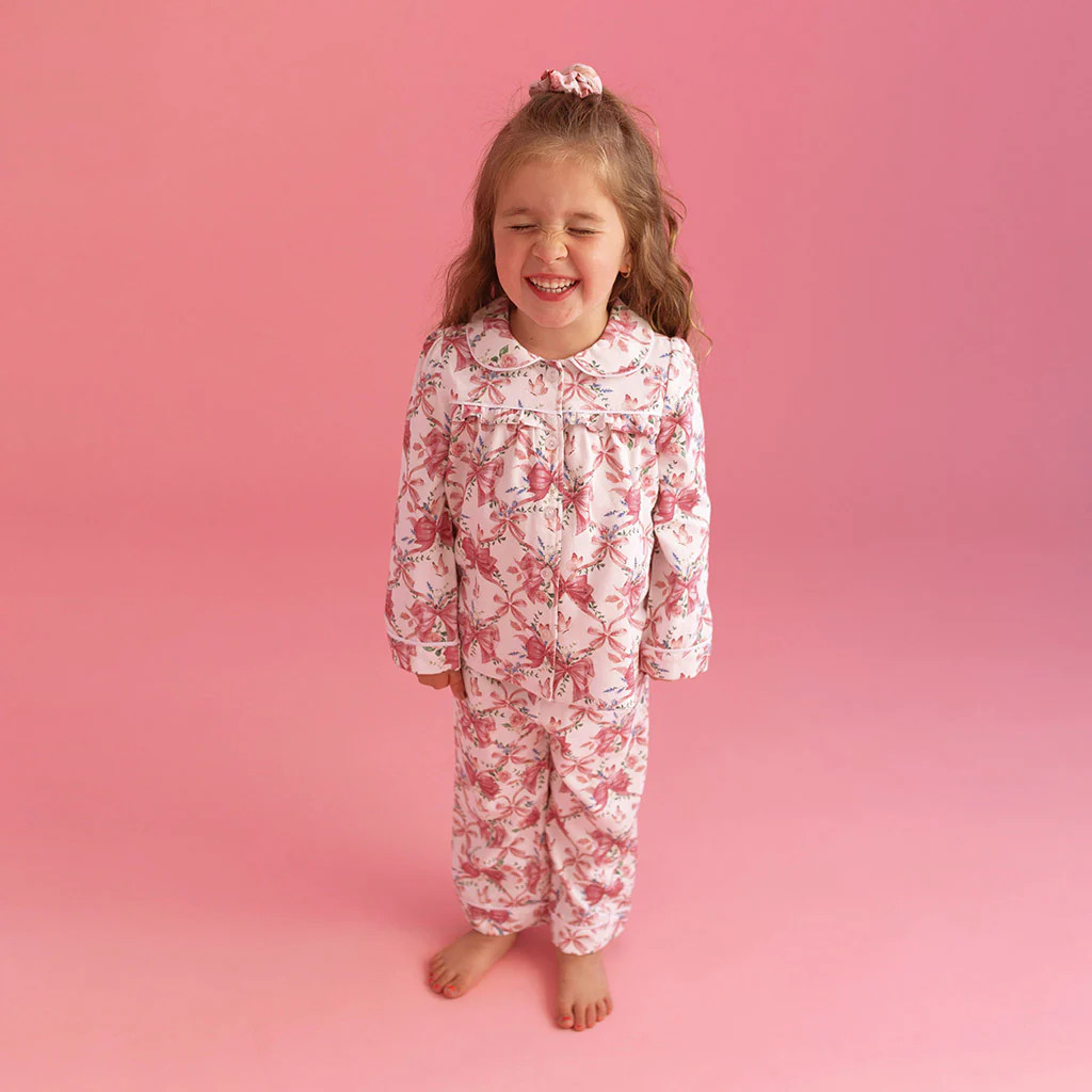 Floral Ribbons Pink Ruffled Flannelette Pajamas | Loraine | Posh Peanut