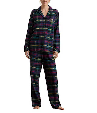 Long Sleeve Notch Collar Brushed Twill Plaid Holiday Pajama Set | Dillard's