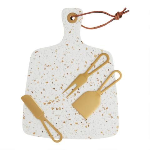 Terrazzo Serving Board and Gold Cheese Knives 4 Piece Set | World Market