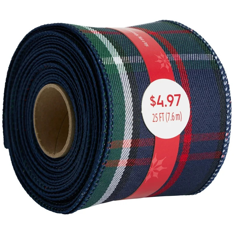 Navy Tartan Plaid Christmas Ribbon, 25', by Holiday Time | Walmart (US)