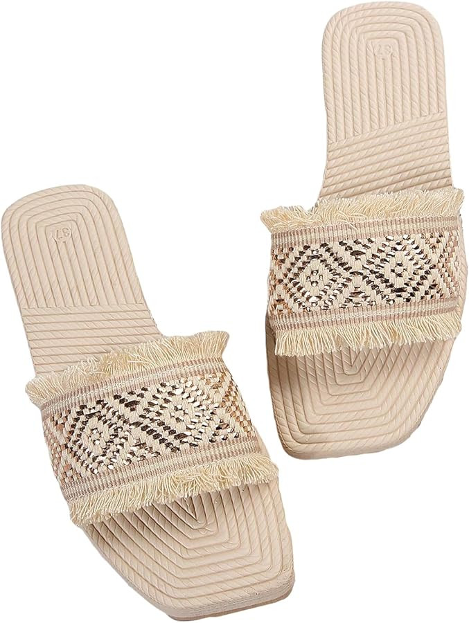 Verdusa Women's Fringe Trim Square Open Toe Flat Summer Slide Sandals Beach Shoes | Amazon (US)