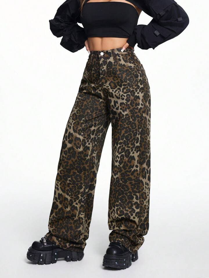 SHEIN K-Vae Women Leopard Print Loose Straight Leg Denim Pants | SHEIN