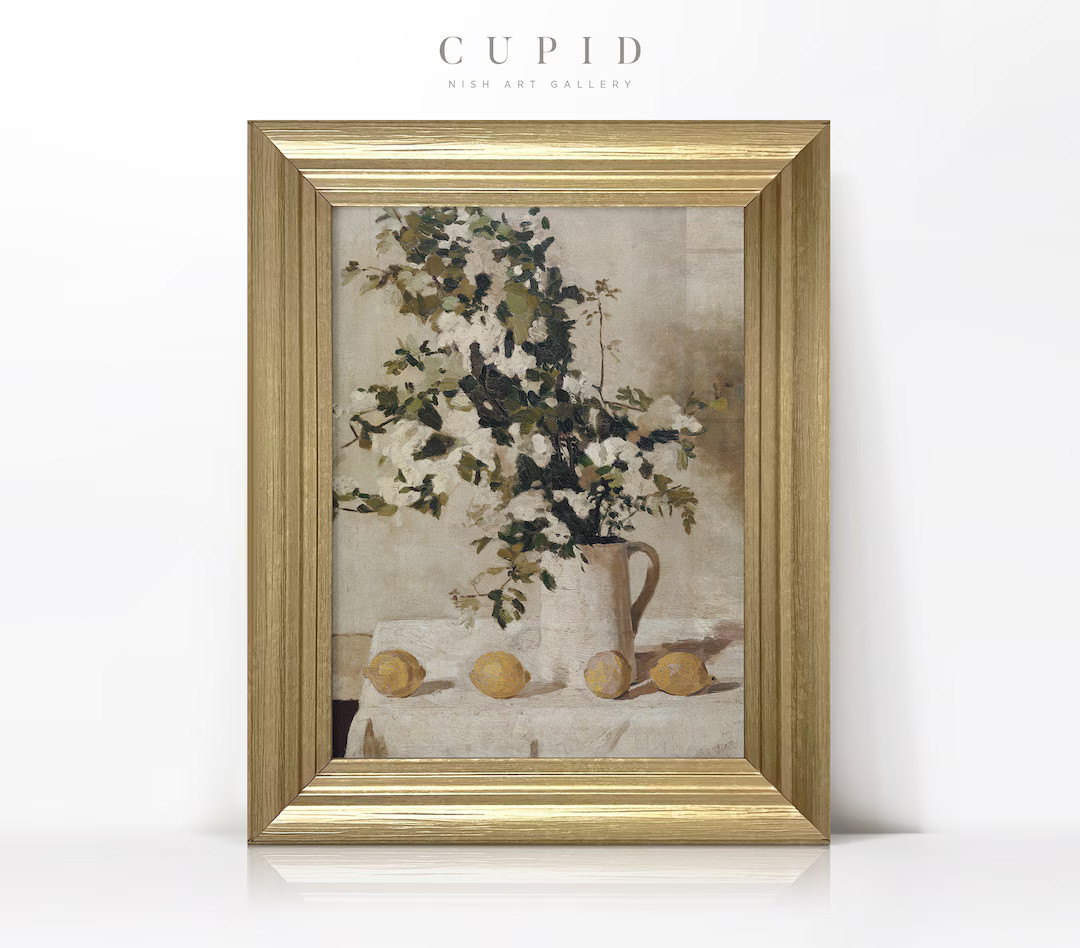 Vintage Art Prints Framed, White Flower Vase Art Print, Neutral Still Life Oil Painting, Farmhous... | Etsy (US)