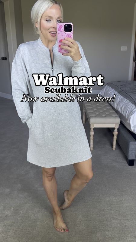 Walmart scubaknit is now available in a dress!!! And the dress has pockets!!!!! 👏🏼👏🏼👏🏼👏🏼👏🏼👏🏼 wearing a size small. It’s the perfect length and the perfect material!! 

#LTKFindsUnder50 #LTKStyleTip #LTKVideo