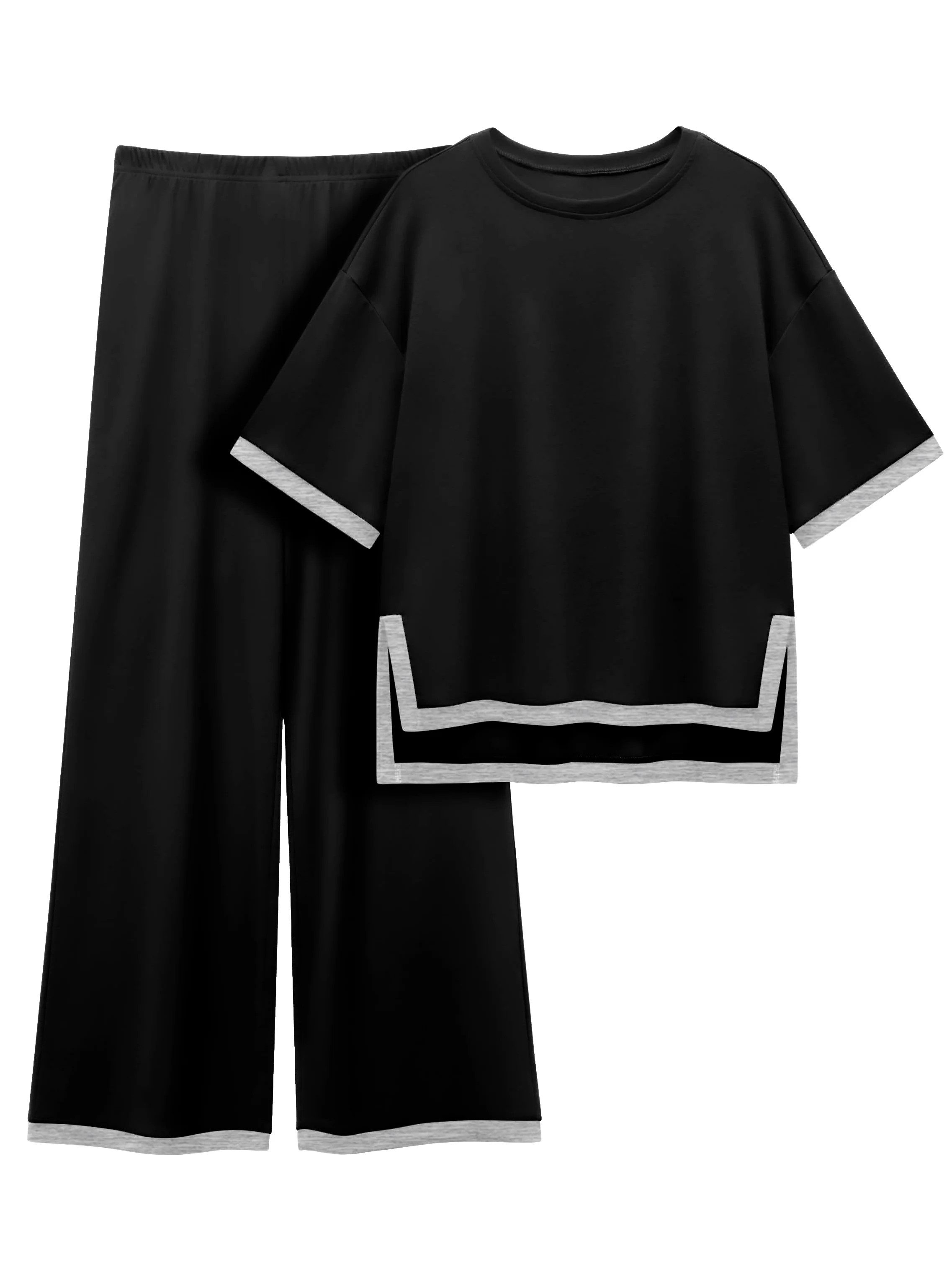 MINTREUS Women's Cotton 2-Piece Loungewear Short-Sleeve Round-Neck Pullover Top Wide-Leg Pants Wo... | Walmart (US)