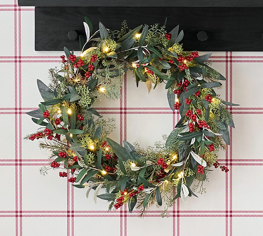 Pre-Lit Faux Eucalyptus and Berry Holiday Wreath, 28&amp;quot;, Red &amp;amp; Green | Pottery Barn (US)