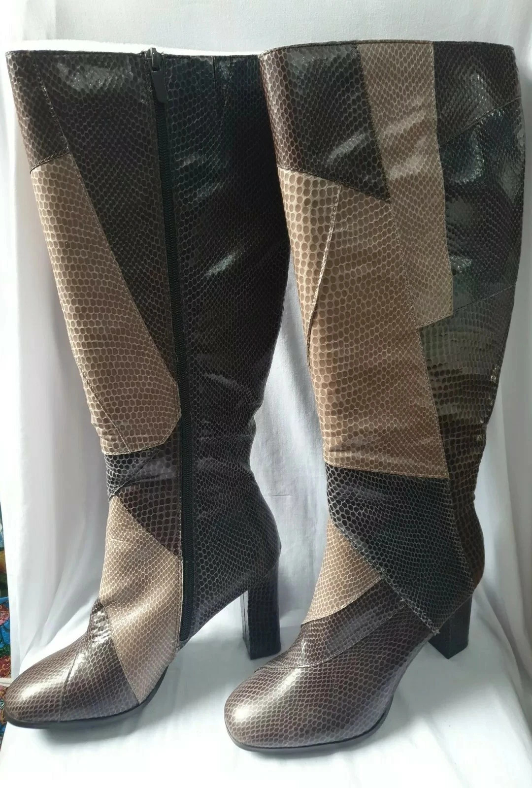 IMPO Patchwork Snakeskin Boots US9.5 UK7.5 EU40.5 M Brown Knee Length High Heels  | eBay | eBay US