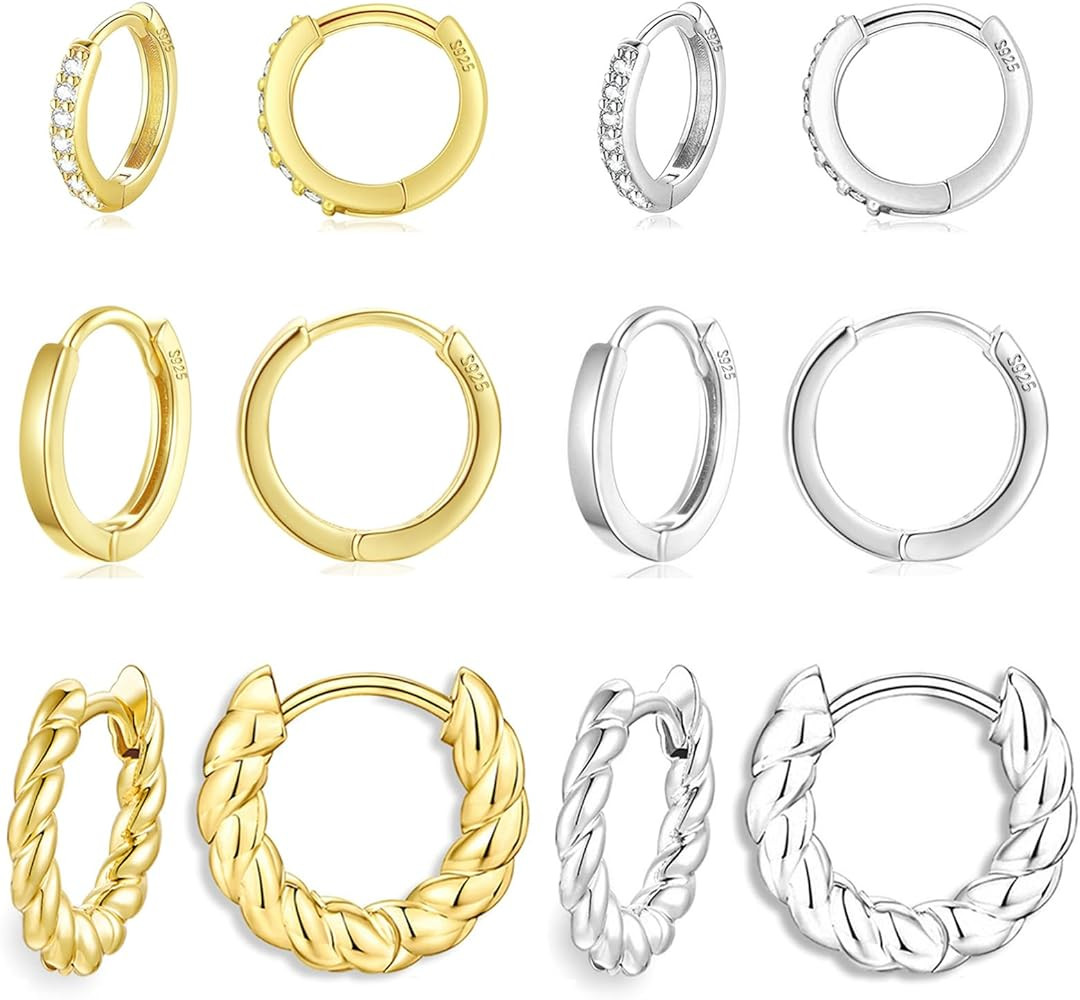 Cocadant 6 Pairs 925 Sterling Silver Small Hoop Earrings for Women,14k Real Gold Hypoallergenic T... | Amazon (US)