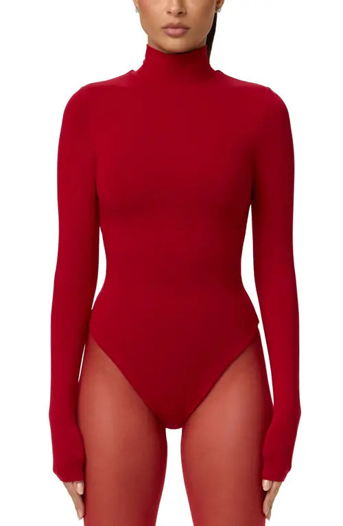 Naked Wardrobe Butter Turtleneck Long Sleeve Bodysuit in Ruby Red at Nordstrom, Size Medium | Nordstrom