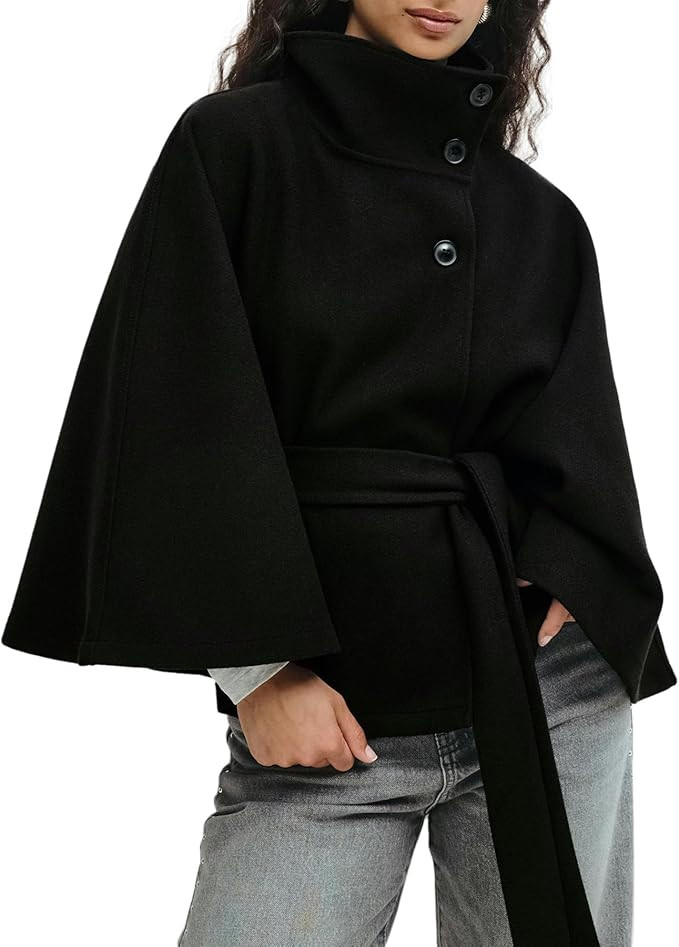 Ainangua Womens Batwing Sleeve Poncho Peacoat Oversized Stand Collar Belt Cape Coat Jacket Cloak ... | Amazon (US)