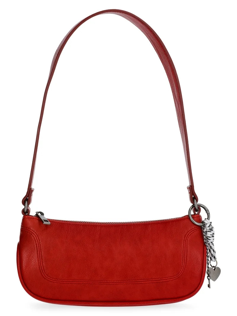 No Boundaries Women's Faux Leather Moto Shoulder Bag with Bag Charm, Carmine Red | Walmart (US)