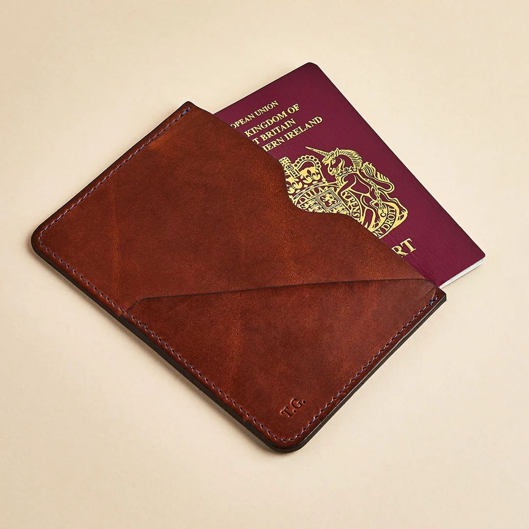 Leather Passport Sleeve with Personalised Initials / Slim Passport Holder + Ticket Pocket / Handm... | Etsy (US)